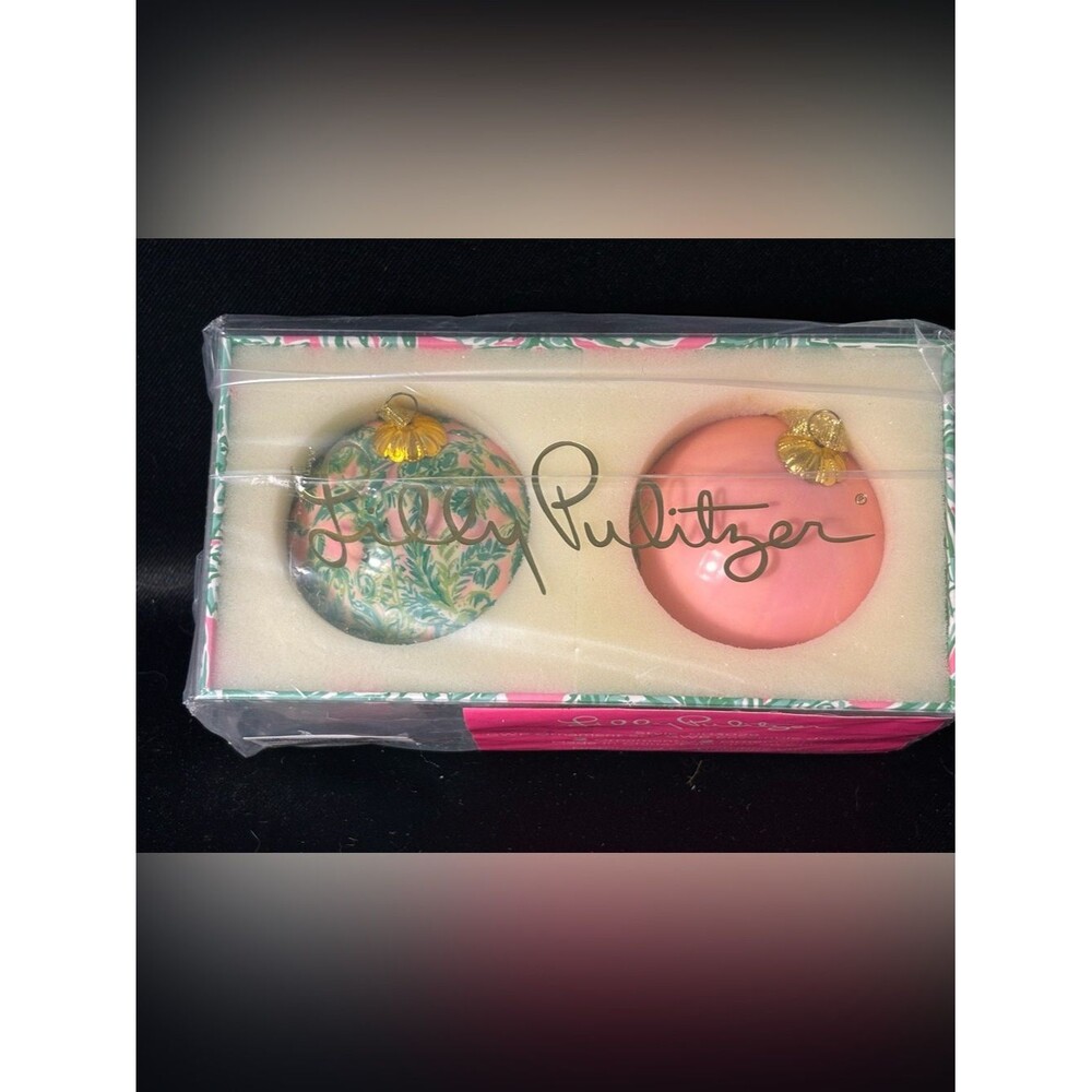 Lilly Pulitzer Christmas Ornaments Set of 2 Pink Floral Glass Baubles New in box